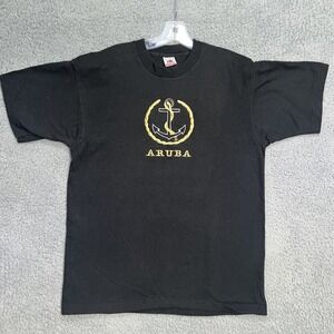 VTG Aruba x Fruit of the Loom T Shirt Men Sz L Black Anchor Embroidered Made USA